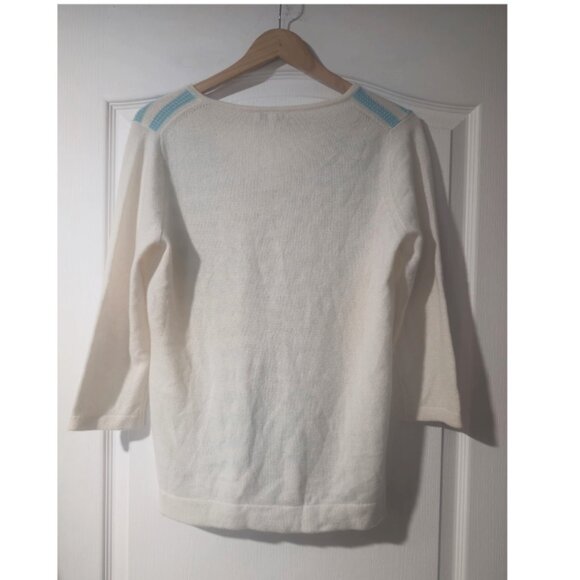 NEW! Kinross | 100% Cashmere V-Neck Sweater In Ivory & Aqua Stripes - Picture 2 of 7